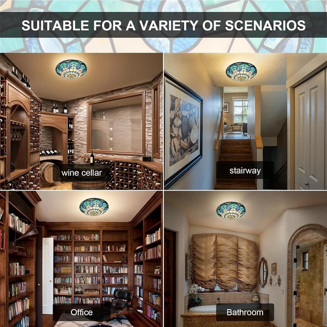Alt view image 5 of 7 - ARTZONE Tiffany Ceiling Lights, Stained Glass Ceiling Light 3-Lights 16 Inch Tiffany Flush Mount Ceiling Light for Bedroom Dining Living Room Entryway Foyer