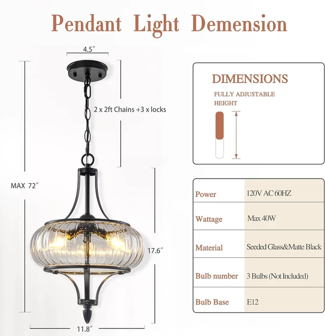 Alt view image 6 of 7 - 11.8" Black Pendant Lights Kitchen Island,Hanging Lighting Fixture
