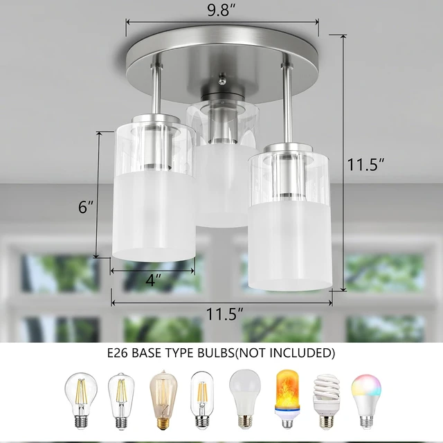 Alt view image 2 of 7 - Maxax 3-Lights Nickel Semi Flush Mount Ceiling Light Fixture, 11.5" Modern Farmhouse Light Fixture with Clear Frosted Glass, E26 Base, for Kitchen, Foyer, Hallway, Entryway, Bedroom, Stairs