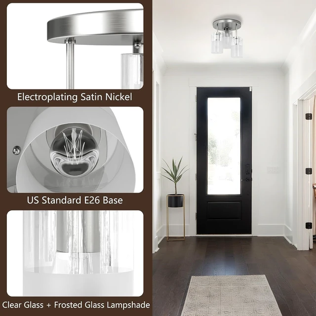 Alt view image 3 of 7 - Maxax 3-Lights Nickel Semi Flush Mount Ceiling Light Fixture, 11.5" Modern Farmhouse Light Fixture with Clear Frosted Glass, E26 Base, for Kitchen, Foyer, Hallway, Entryway, Bedroom, Stairs