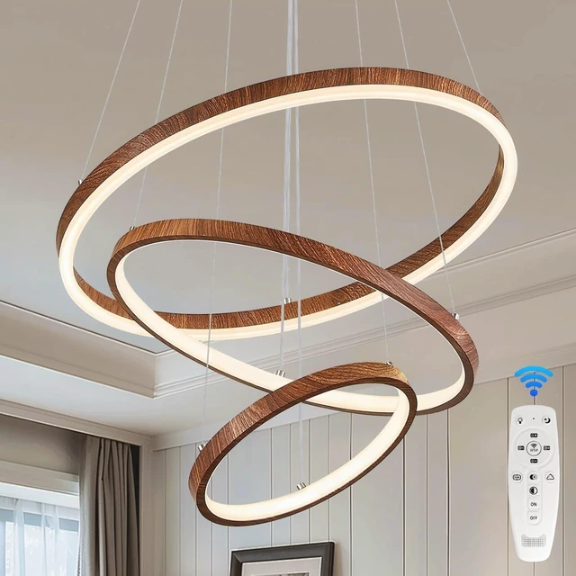 Main image of GlowHub 3-Ring Modern LED Chandelier, Wood Grain Round Dimmable Pendant Lighting with Remote Control Circular Hanging Light High Ceiling for Dining Room Kitchen Foyer, 3000K-6500K D20