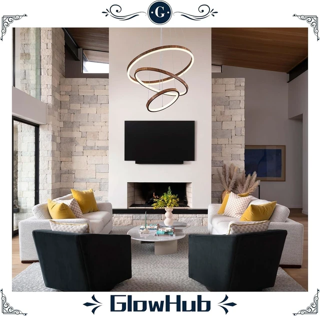 Alt view image 2 of 7 - GlowHub 3-Ring Modern LED Chandelier, Wood Grain Round Dimmable Pendant Lighting with Remote Control Circular Hanging Light High Ceiling for Dining Room Kitchen Foyer, 3000K-6500K D20