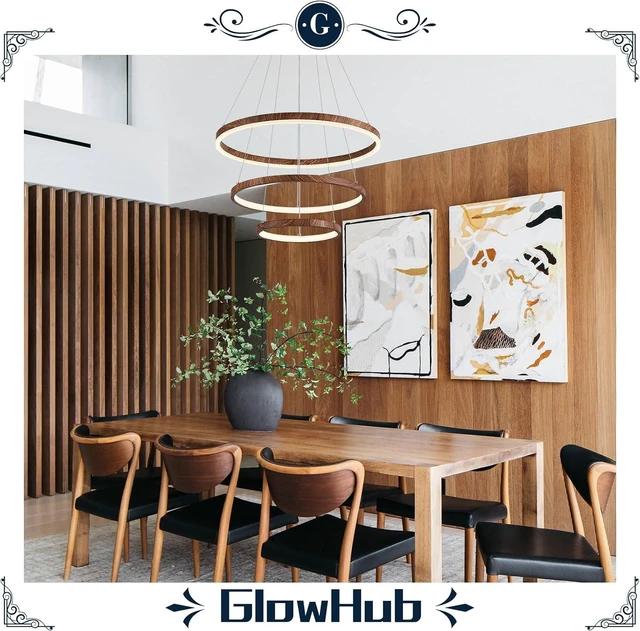 Alt view image 3 of 7 - GlowHub 3-Ring Modern LED Chandelier, Wood Grain Round Dimmable Pendant Lighting with Remote Control Circular Hanging Light High Ceiling for Dining Room Kitchen Foyer, 3000K-6500K D20