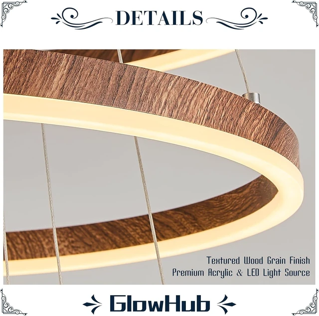 Alt view image 4 of 7 - GlowHub 3-Ring Modern LED Chandelier, Wood Grain Round Dimmable Pendant Lighting with Remote Control Circular Hanging Light High Ceiling for Dining Room Kitchen Foyer, 3000K-6500K D20