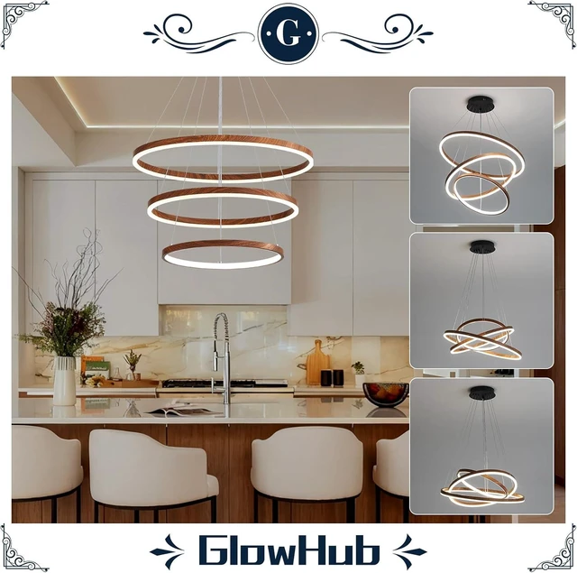 Alt view image 6 of 7 - GlowHub 3-Ring Modern LED Chandelier, Wood Grain Round Dimmable Pendant Lighting with Remote Control Circular Hanging Light High Ceiling for Dining Room Kitchen Foyer, 3000K-6500K D20