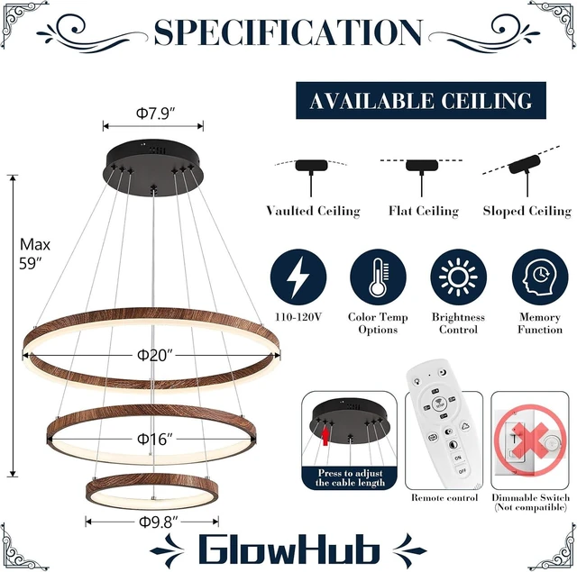 Alt view image 7 of 7 - GlowHub 3-Ring Modern LED Chandelier, Wood Grain Round Dimmable Pendant Lighting with Remote Control Circular Hanging Light High Ceiling for Dining Room Kitchen Foyer, 3000K-6500K D20