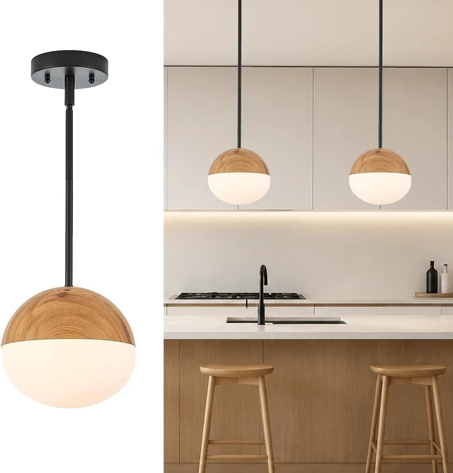 Main image of ELYONA 8 Inch Japandi Pendant Light, Milk Glass Pendant Light with Natural Wood Grain Metal, Adjustable Height Hanging Ceiling Light for Kitchen Island, Dining Room, Bedroom, Hallway, Bathroom