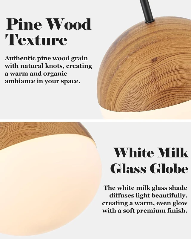 Alt view image 3 of 7 - ELYONA 8 Inch Japandi Pendant Light, Milk Glass Pendant Light with Natural Wood Grain Metal, Adjustable Height Hanging Ceiling Light for Kitchen Island, Dining Room, Bedroom, Hallway, Bathroom