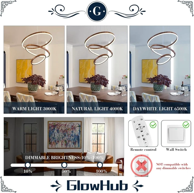 Alt view image 5 of 7 - GlowHub 3-Ring Modern LED Chandelier, Wood Grain Round Dimmable Pendant Lighting with Remote Control Circular Hanging Light High Ceiling for Dining Room Kitchen Foyer, 3000K-6500K D20