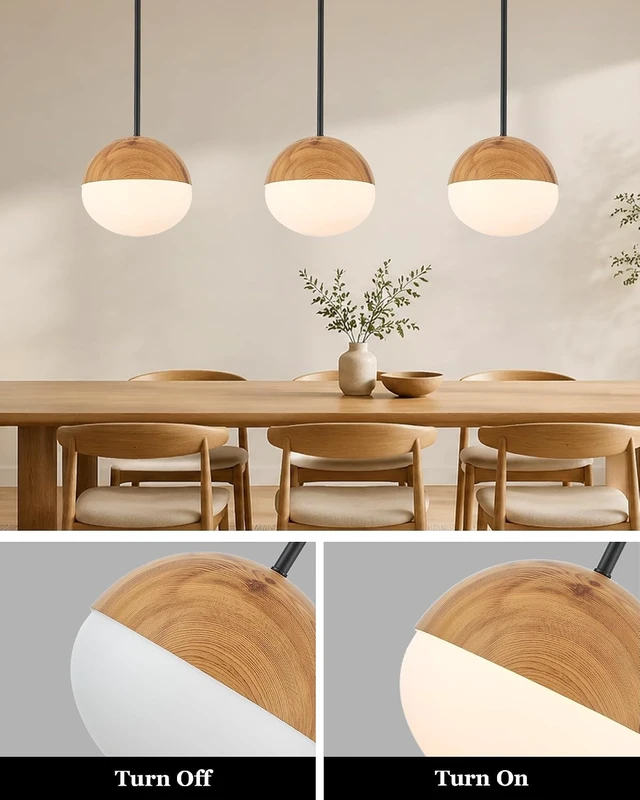Alt view image 2 of 7 - ELYONA 8 Inch Japandi Pendant Light, Milk Glass Pendant Light with Natural Wood Grain Metal, Adjustable Height Hanging Ceiling Light for Kitchen Island, Dining Room, Bedroom, Hallway, Bathroom