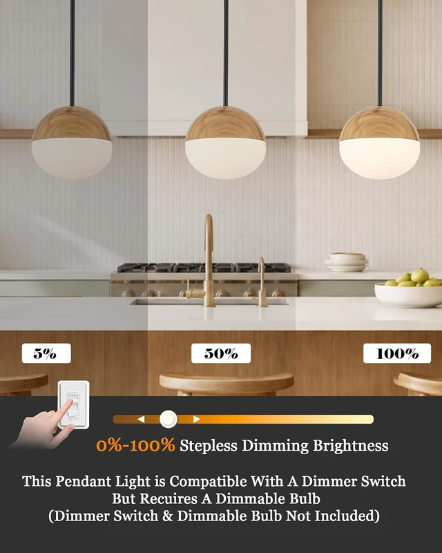 Alt view image 4 of 7 - ELYONA 8 Inch Japandi Pendant Light, Milk Glass Pendant Light with Natural Wood Grain Metal, Adjustable Height Hanging Ceiling Light for Kitchen Island, Dining Room, Bedroom, Hallway, Bathroom