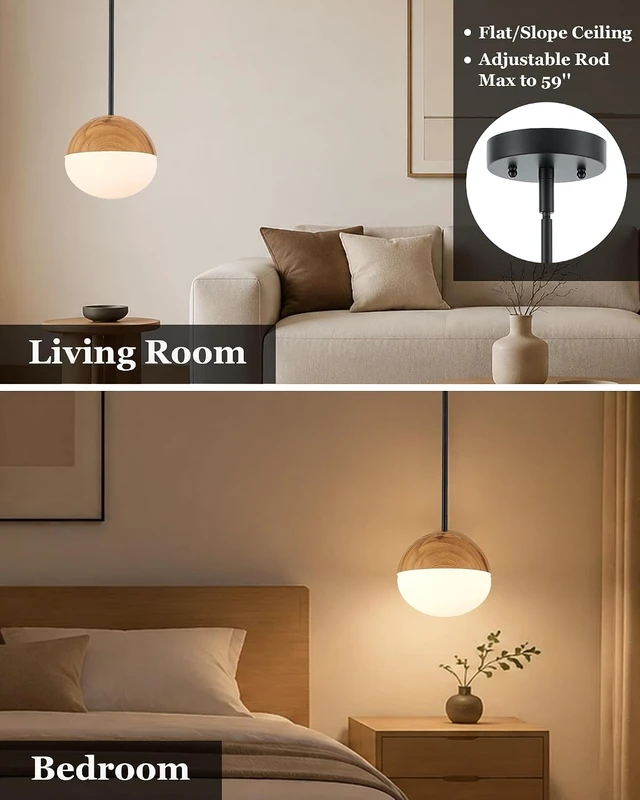 Alt view image 5 of 7 - ELYONA 8 Inch Japandi Pendant Light, Milk Glass Pendant Light with Natural Wood Grain Metal, Adjustable Height Hanging Ceiling Light for Kitchen Island, Dining Room, Bedroom, Hallway, Bathroom