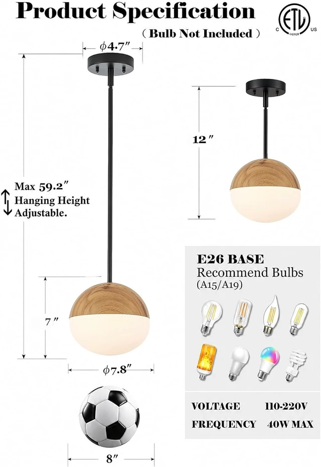 Alt view image 6 of 7 - ELYONA 8 Inch Japandi Pendant Light, Milk Glass Pendant Light with Natural Wood Grain Metal, Adjustable Height Hanging Ceiling Light for Kitchen Island, Dining Room, Bedroom, Hallway, Bathroom