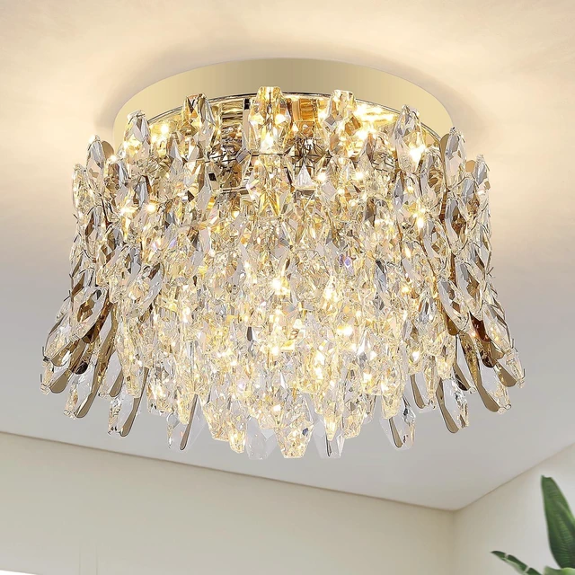 Main image of Crystal Chandeliers for Bedroom,4-Lights Ceiling Light Fixtures Flush Mount,Gold Drum Chandelier for Dining Room,Kitchen,Hallway, Living Room,Foyer,Closet,H9'' x W13.8''