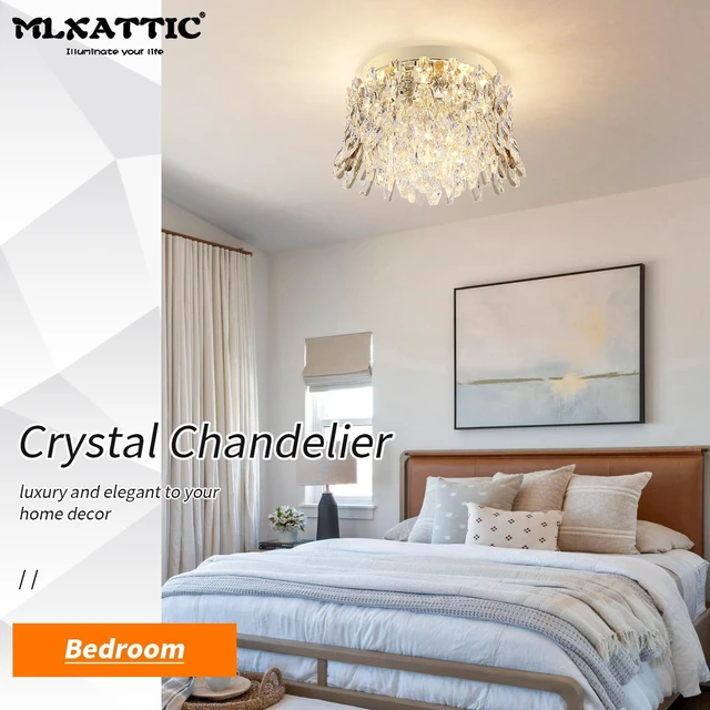 Alt view image 3 of 7 - Crystal Chandeliers for Bedroom,4-Lights Ceiling Light Fixtures Flush Mount,Gold Drum Chandelier for Dining Room,Kitchen,Hallway, Living Room,Foyer,Closet,H9'' x W13.8''
