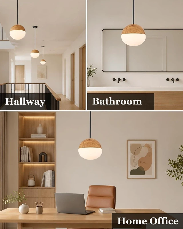Alt view image 7 of 7 - ELYONA 8 Inch Japandi Pendant Light, Milk Glass Pendant Light with Natural Wood Grain Metal, Adjustable Height Hanging Ceiling Light for Kitchen Island, Dining Room, Bedroom, Hallway, Bathroom