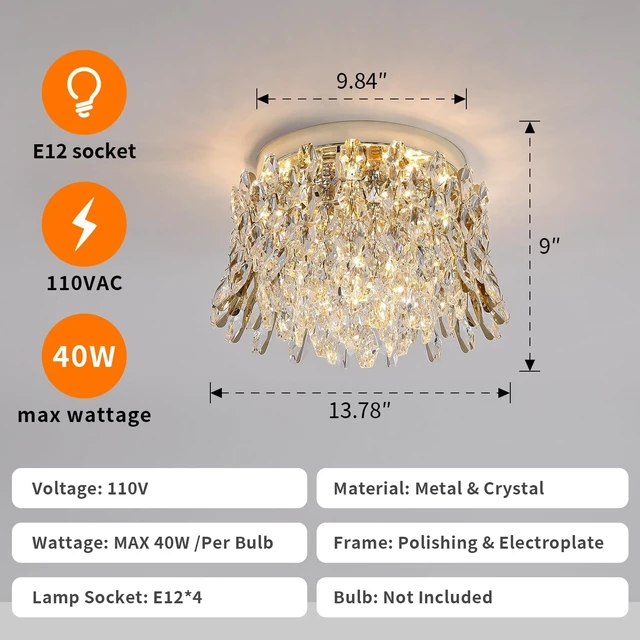 Alt view image 2 of 7 - Crystal Chandeliers for Bedroom,4-Lights Ceiling Light Fixtures Flush Mount,Gold Drum Chandelier for Dining Room,Kitchen,Hallway, Living Room,Foyer,Closet,H9'' x W13.8''
