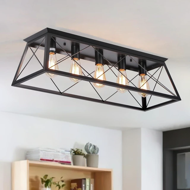 Main image of 5-Light Farmhouse Flush Mount Ceiling Light Black Kitchen Island Dimmable