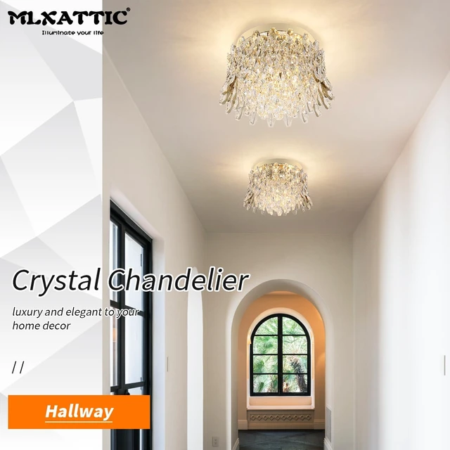 Alt view image 4 of 7 - Crystal Chandeliers for Bedroom,4-Lights Ceiling Light Fixtures Flush Mount,Gold Drum Chandelier for Dining Room,Kitchen,Hallway, Living Room,Foyer,Closet,H9'' x W13.8''
