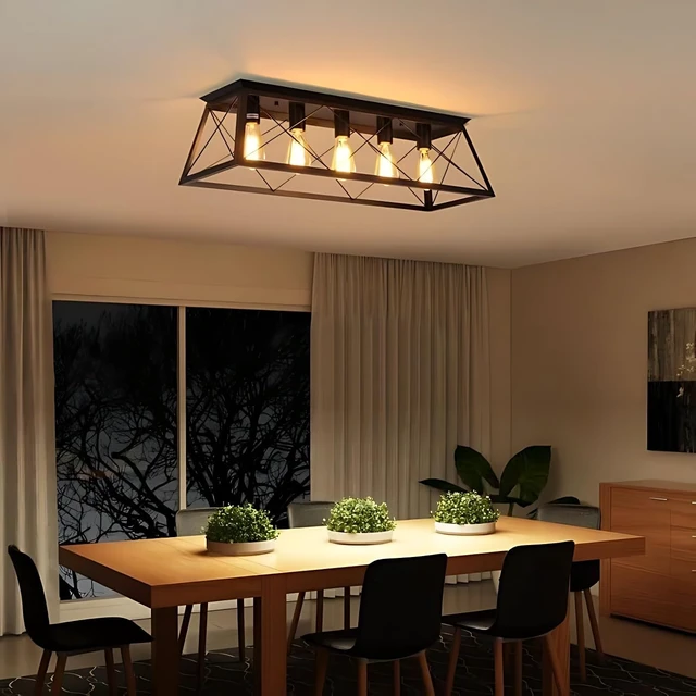 Alt view image 2 of 7 - 5-Light Farmhouse Flush Mount Ceiling Light Black Kitchen Island Dimmable