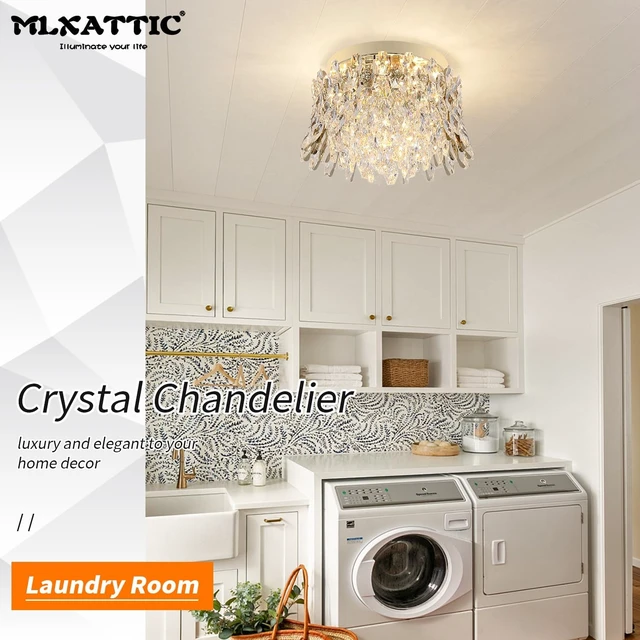 Alt view image 7 of 7 - Crystal Chandeliers for Bedroom,4-Lights Ceiling Light Fixtures Flush Mount,Gold Drum Chandelier for Dining Room,Kitchen,Hallway, Living Room,Foyer,Closet,H9'' x W13.8''