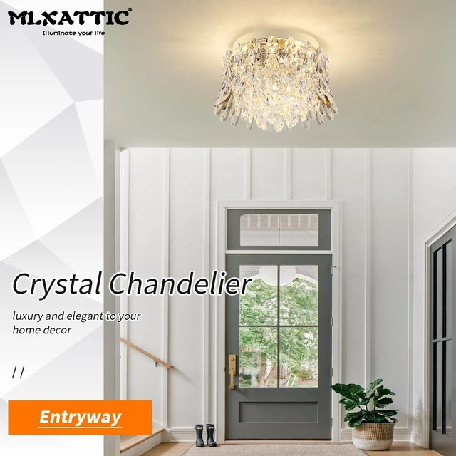 Alt view image 6 of 7 - Crystal Chandeliers for Bedroom,4-Lights Ceiling Light Fixtures Flush Mount,Gold Drum Chandelier for Dining Room,Kitchen,Hallway, Living Room,Foyer,Closet,H9'' x W13.8''