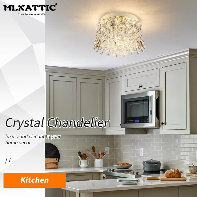 Alt view image 5 of 7 - Crystal Chandeliers for Bedroom,4-Lights Ceiling Light Fixtures Flush Mount,Gold Drum Chandelier for Dining Room,Kitchen,Hallway, Living Room,Foyer,Closet,H9'' x W13.8''