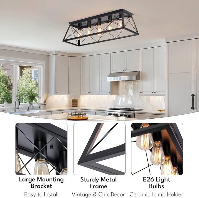 Alt view image 5 of 7 - 5-Light Farmhouse Flush Mount Ceiling Light Black Kitchen Island Dimmable
