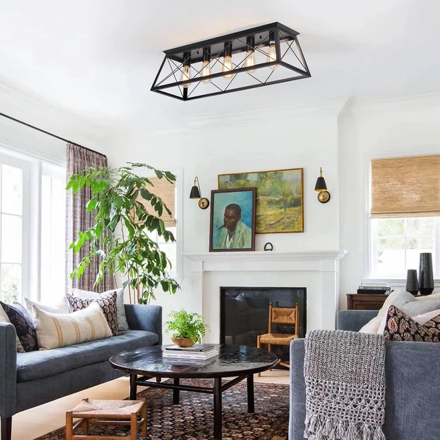 Alt view image 7 of 7 - 5-Light Farmhouse Flush Mount Ceiling Light Black Kitchen Island Dimmable