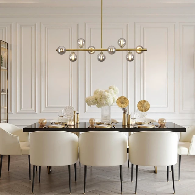 Alt view image 2 of 7 - Linear Sputnik Dining Chandelier, Gold with Grey Globe, 40 Inch