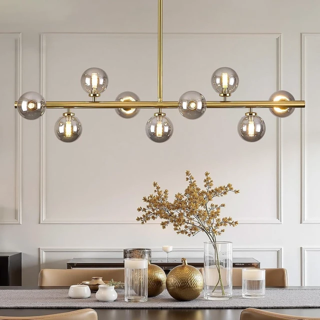 Main image of Linear Sputnik Dining Chandelier, Gold with Grey Globe, 40 Inch