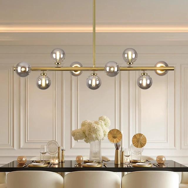 Alt view image 3 of 7 - Linear Sputnik Dining Chandelier, Gold with Grey Globe, 40 Inch