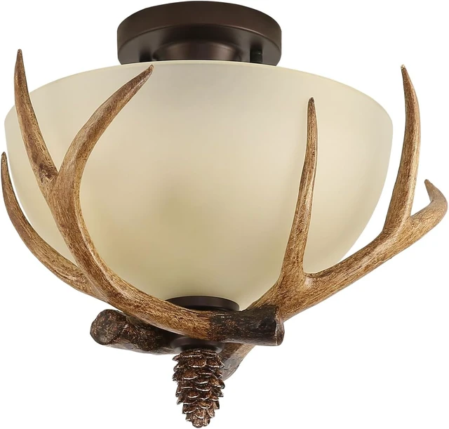 Alt view image 7 of 7 - Deer Ceiling Lights, Antler Vintage Farmhouse Rustic Ceiling Light Fixture, 3 Lamp Holders Pine Cones Elk Xmas Decor Dining Room Foyer Ceiling Light Lamp