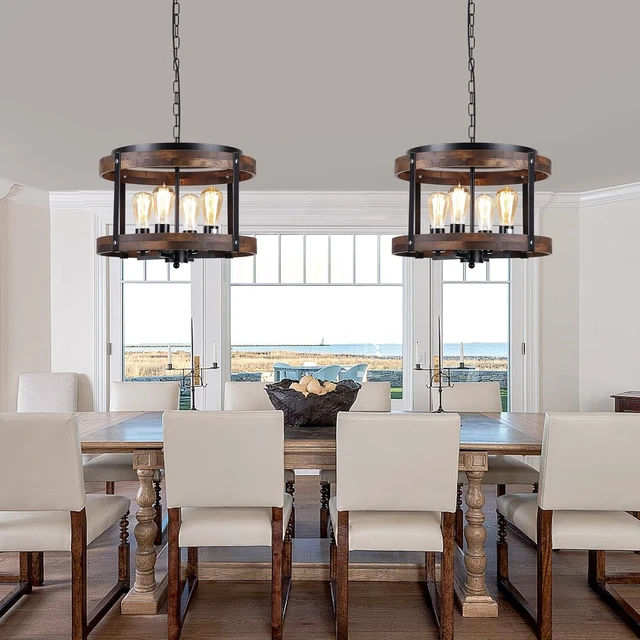 Alt view image 2 of 7 - 4-Light Large Rustic Farmhouse Wood Pendant Light Fixture with Adjustable Chain, 16.5 inch Oak Wood Drum Chandelier for Dining Room Kitchen Island Farmhouse Living Room Hallway, Black