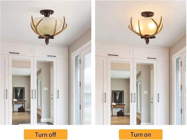 Alt view image 5 of 7 - Deer Ceiling Lights, Antler Vintage Farmhouse Rustic Ceiling Light Fixture, 3 Lamp Holders Pine Cones Elk Xmas Decor Dining Room Foyer Ceiling Light Lamp
