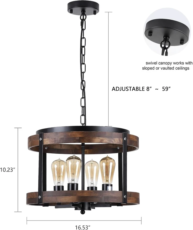 Alt view image 4 of 7 - 4-Light Large Rustic Farmhouse Wood Pendant Light Fixture with Adjustable Chain, 16.5 inch Oak Wood Drum Chandelier for Dining Room Kitchen Island Farmhouse Living Room Hallway, Black