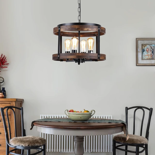 Alt view image 3 of 7 - 4-Light Large Rustic Farmhouse Wood Pendant Light Fixture with Adjustable Chain, 16.5 inch Oak Wood Drum Chandelier for Dining Room Kitchen Island Farmhouse Living Room Hallway, Black