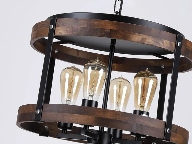 Alt view image 5 of 7 - 4-Light Large Rustic Farmhouse Wood Pendant Light Fixture with Adjustable Chain, 16.5 inch Oak Wood Drum Chandelier for Dining Room Kitchen Island Farmhouse Living Room Hallway, Black