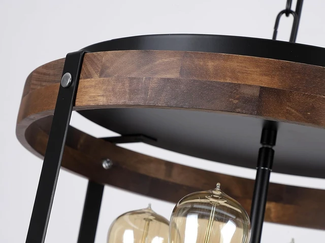 Alt view image 6 of 7 - 4-Light Large Rustic Farmhouse Wood Pendant Light Fixture with Adjustable Chain, 16.5 inch Oak Wood Drum Chandelier for Dining Room Kitchen Island Farmhouse Living Room Hallway, Black