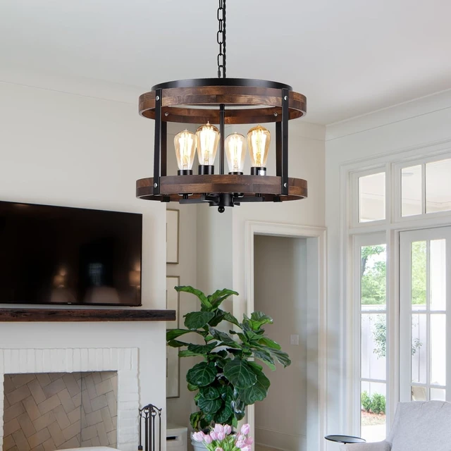 Alt view image 7 of 7 - 4-Light Large Rustic Farmhouse Wood Pendant Light Fixture with Adjustable Chain, 16.5 inch Oak Wood Drum Chandelier for Dining Room Kitchen Island Farmhouse Living Room Hallway, Black