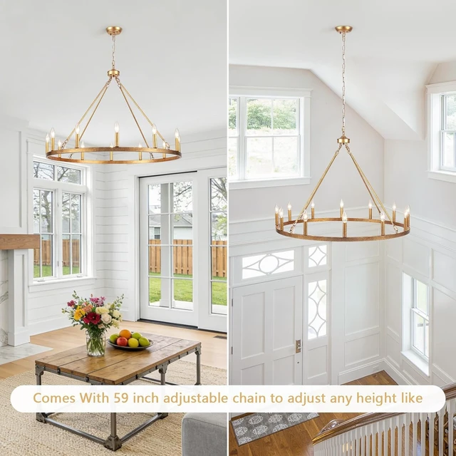 Alt view image 2 of 7 - Vintage Gold Wagon Wheel Chandelier, 12 Lights 38 Large Rustic Farmhouse Chandelier, Antique Brass Round Pendant Light Fixtures Ceiling Hanging for Entryway Foyer Porch Outdoor Dining Room Kitchen