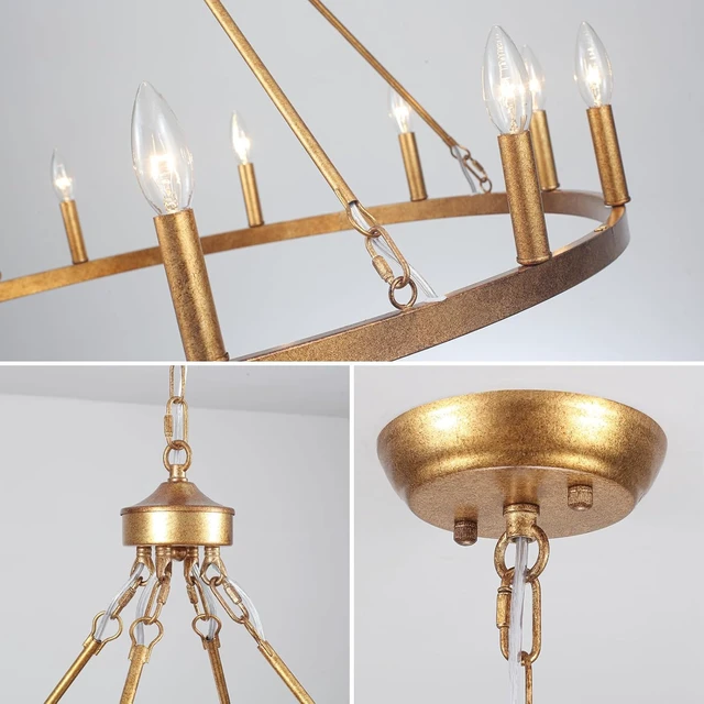 Alt view image 6 of 7 - Vintage Gold Wagon Wheel Chandelier, 12 Lights 38 Large Rustic Farmhouse Chandelier, Antique Brass Round Pendant Light Fixtures Ceiling Hanging for Entryway Foyer Porch Outdoor Dining Room Kitchen