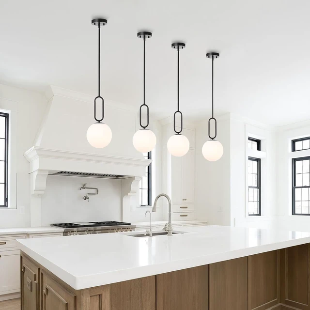 Alt view image 2 of 7 - Modern Black Globe Pendant Light Milky White Globe Glass Shade 2 Pack Adjustable Rods Hanging Ceiling Light Fixtures for Kitchen Island Living Room