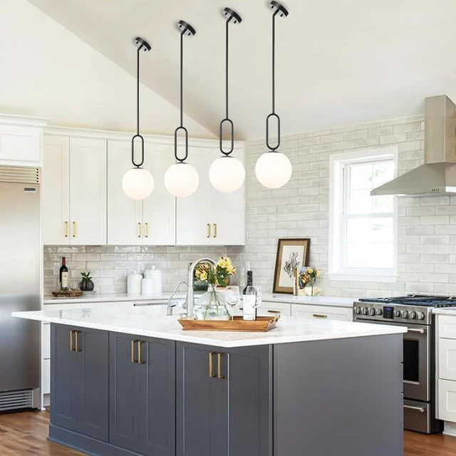 Alt view image 3 of 7 - Modern Black Globe Pendant Light Milky White Globe Glass Shade 2 Pack Adjustable Rods Hanging Ceiling Light Fixtures for Kitchen Island Living Room