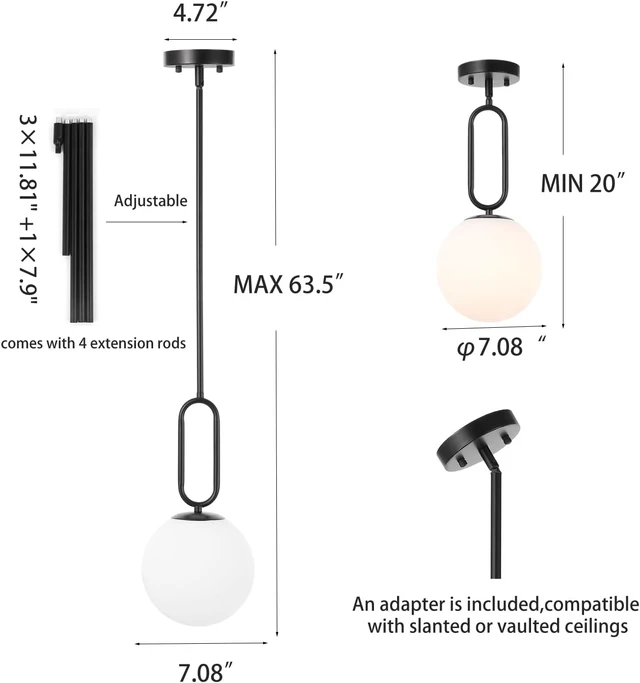 Alt view image 4 of 7 - Modern Black Globe Pendant Light Milky White Globe Glass Shade 2 Pack Adjustable Rods Hanging Ceiling Light Fixtures for Kitchen Island Living Room