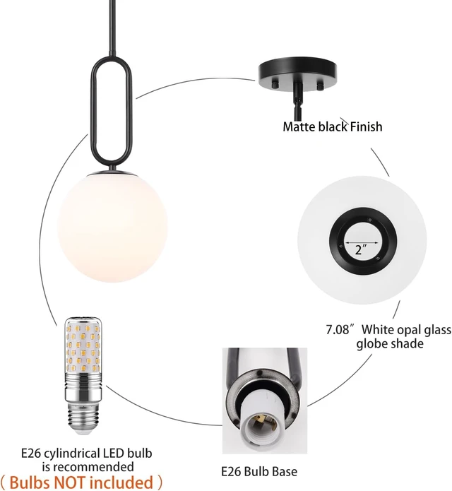 Alt view image 5 of 7 - Modern Black Globe Pendant Light Milky White Globe Glass Shade 2 Pack Adjustable Rods Hanging Ceiling Light Fixtures for Kitchen Island Living Room