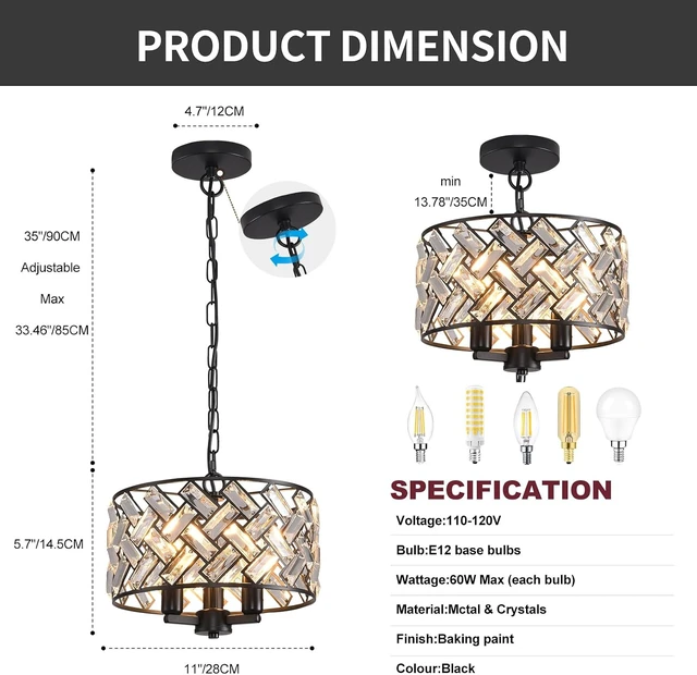 Alt view image 2 of 7 - lobolighting 11'' Black Crystal Chandelier, 3-Light Modern Chandelier
