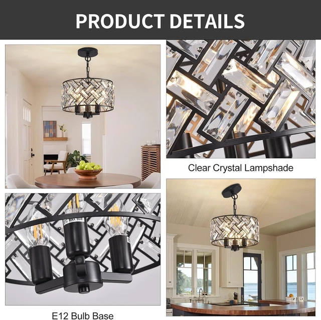 Alt view image 4 of 7 - lobolighting 11'' Black Crystal Chandelier, 3-Light Modern Chandelier