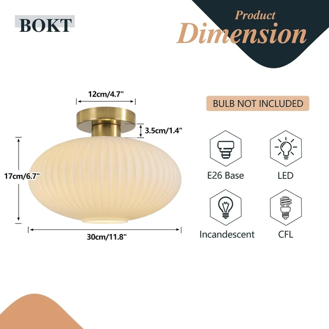Alt view image 2 of 7 - BOKT Mid Century Modern Ceiling Light Fixture Milk White Ribbed Glass Ceiling Light Nursery Close to Ceiling Stairway Gold Semi Flush Mount Ceiling Lamp 11.8"