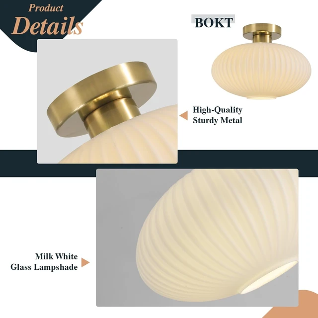 Alt view image 3 of 7 - BOKT Mid Century Modern Ceiling Light Fixture Milk White Ribbed Glass Ceiling Light Nursery Close to Ceiling Stairway Gold Semi Flush Mount Ceiling Lamp 11.8"